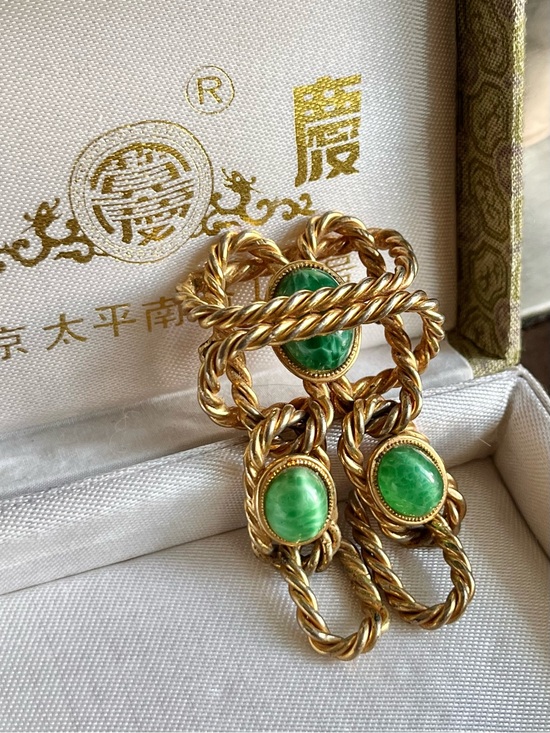 Dior Jewelry - Authentic Vintage Dior 1967 Jade Green Glass Cabochon Braided Gold Drop Brooch
